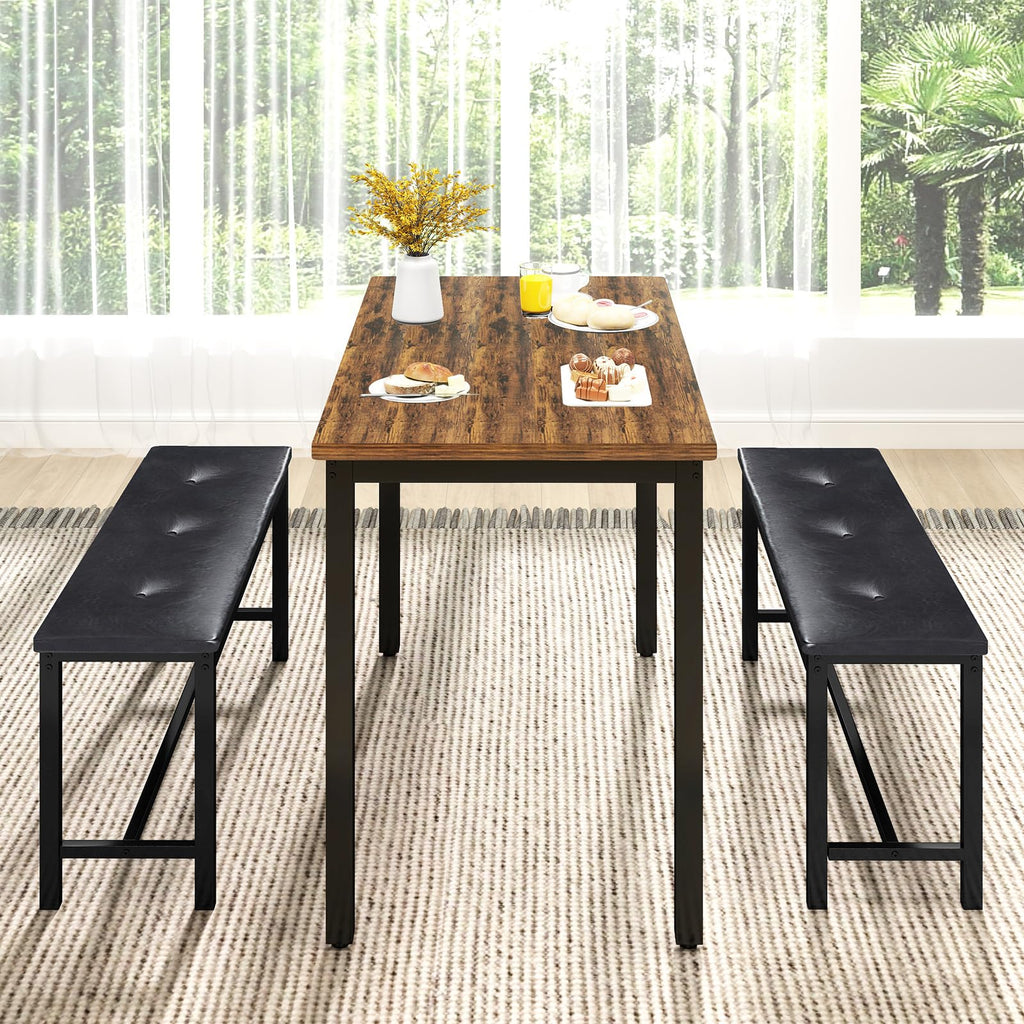 Dining Room Table Bench Set for 4, Modern Space Saving Kitchen Table with with 2 Upholstered Benches & Adjustable