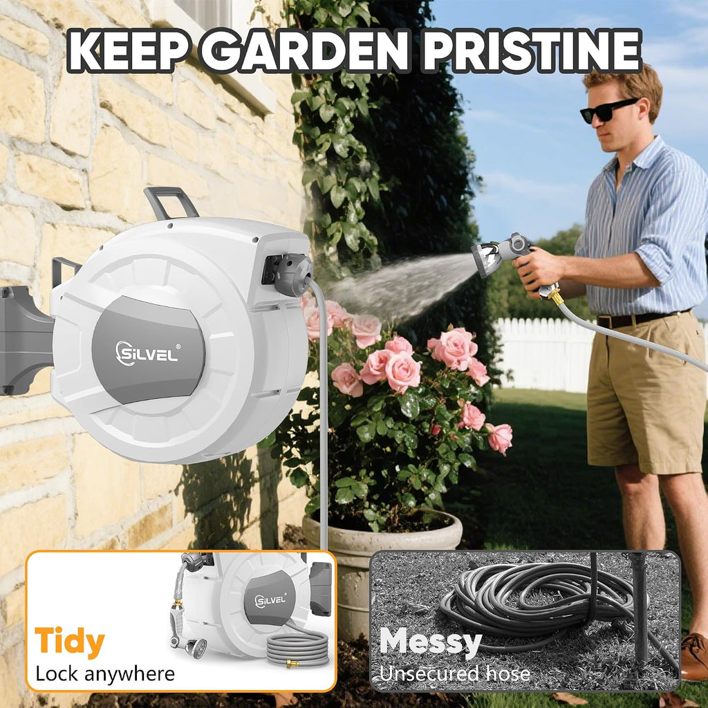 Retractable Garden Hose Reel, 1/2" x 100ft Wall Mount Heavy Duty Automatic Hose Reel with 10 Pattern Nozzle, Any