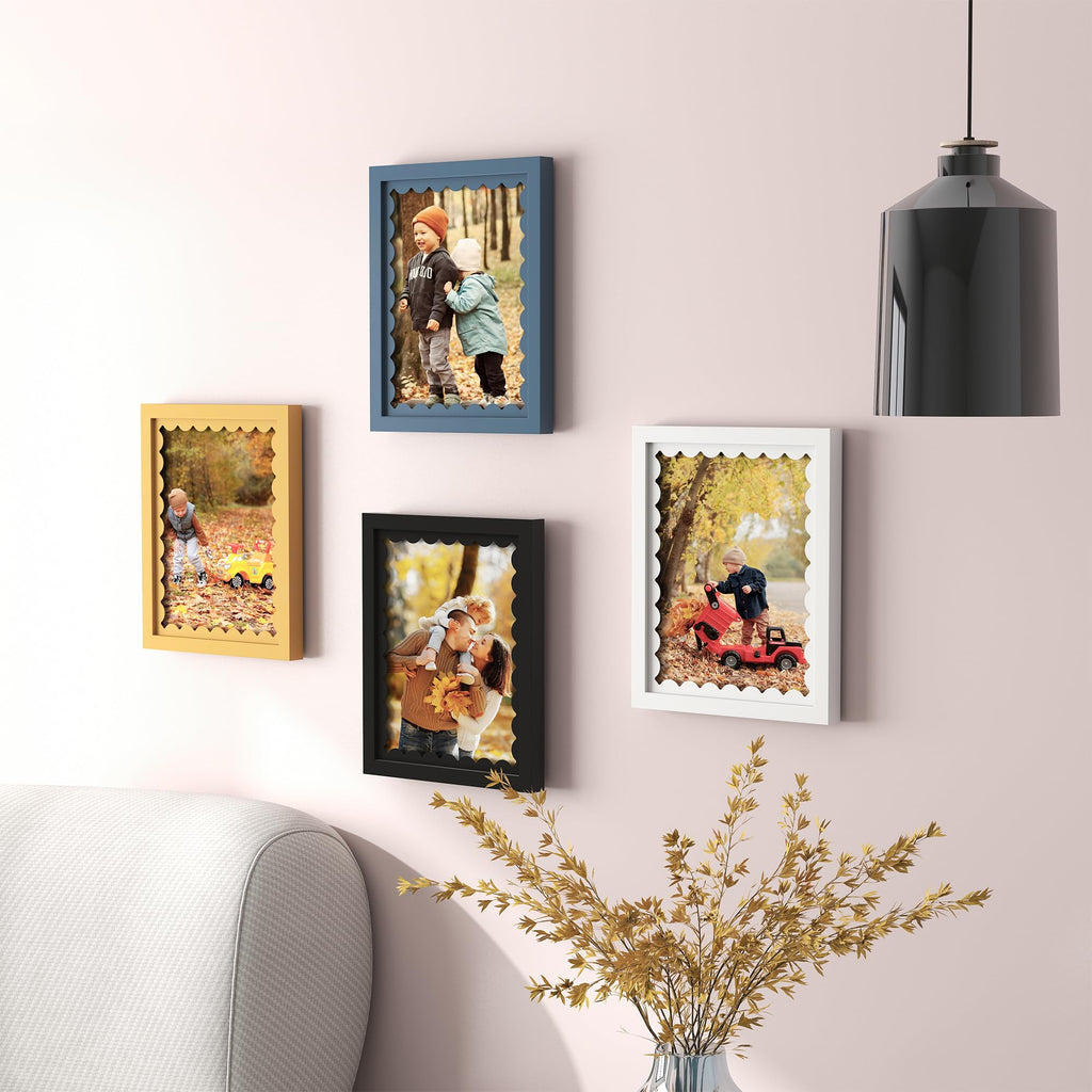 5x7 Picture Frame with Real Glass, Wooden cute 5 x 7 Photo Frame with Wavy Mat for Tabletop and Wall Hanging, Black