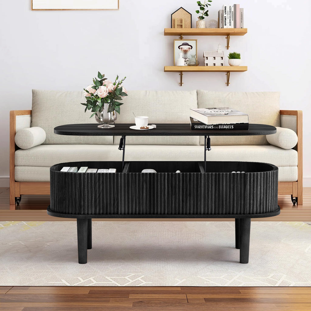 Fully Assembled Fluted Lift Top with Hidden Compartment, Wooden Center Table, Modern Oval Lift Tabletop Living Room