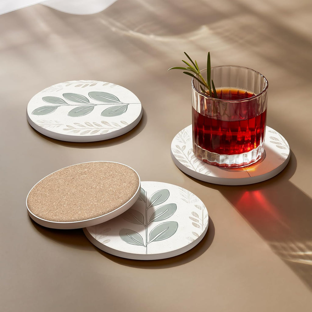 Ceramic Coasters - Absorbent Stone Drink Coasters with Holder, Non-Slip Cork Backing, Modern Marble Look - Set of 6