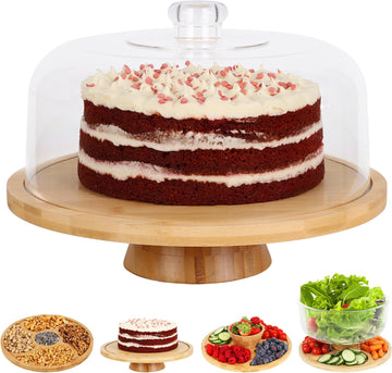 6 in 1 Large Bamboo Wood Cake Stand with Lid