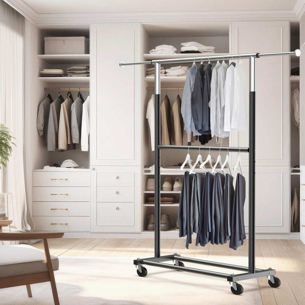 Double Rod Adjustable Clothing Garment Rack, Black