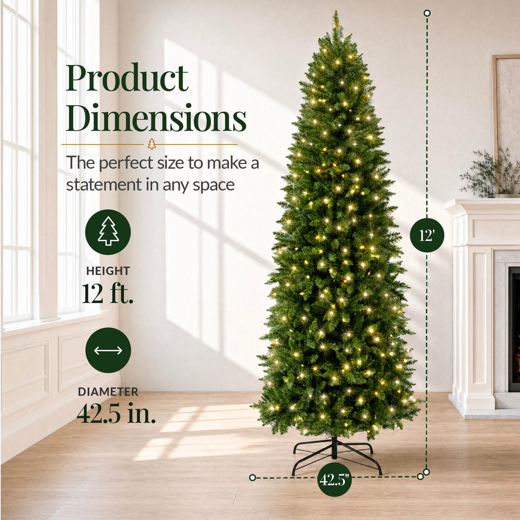 12ft Artificial Pencil Christmas Tree with LED Twinkling Lights, Pre-Lit Spruce Realistic Holiday Xmas Décor, 700