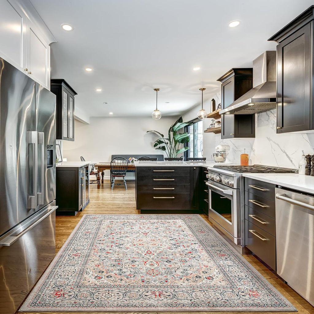 Washable Rug 4x6, Beige Area Rugs Non Slip, Indoor Low Pile Carpet with Rubber Backing for Living Room Kitchen