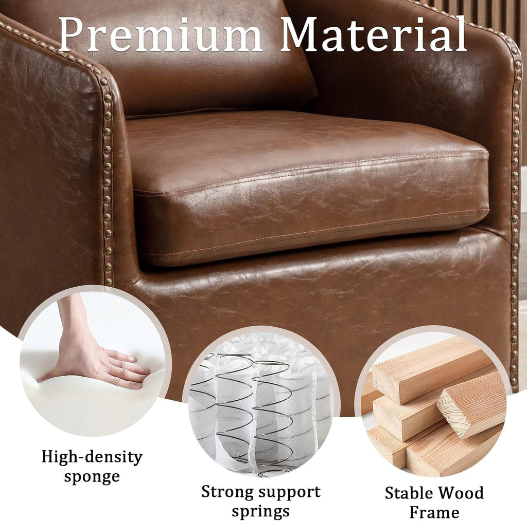 360 Degree Swivel Barrel Chair with Plump Back Pillow, Waterproof Oil Waxed PU Leather Swivel Armchair with Rivets