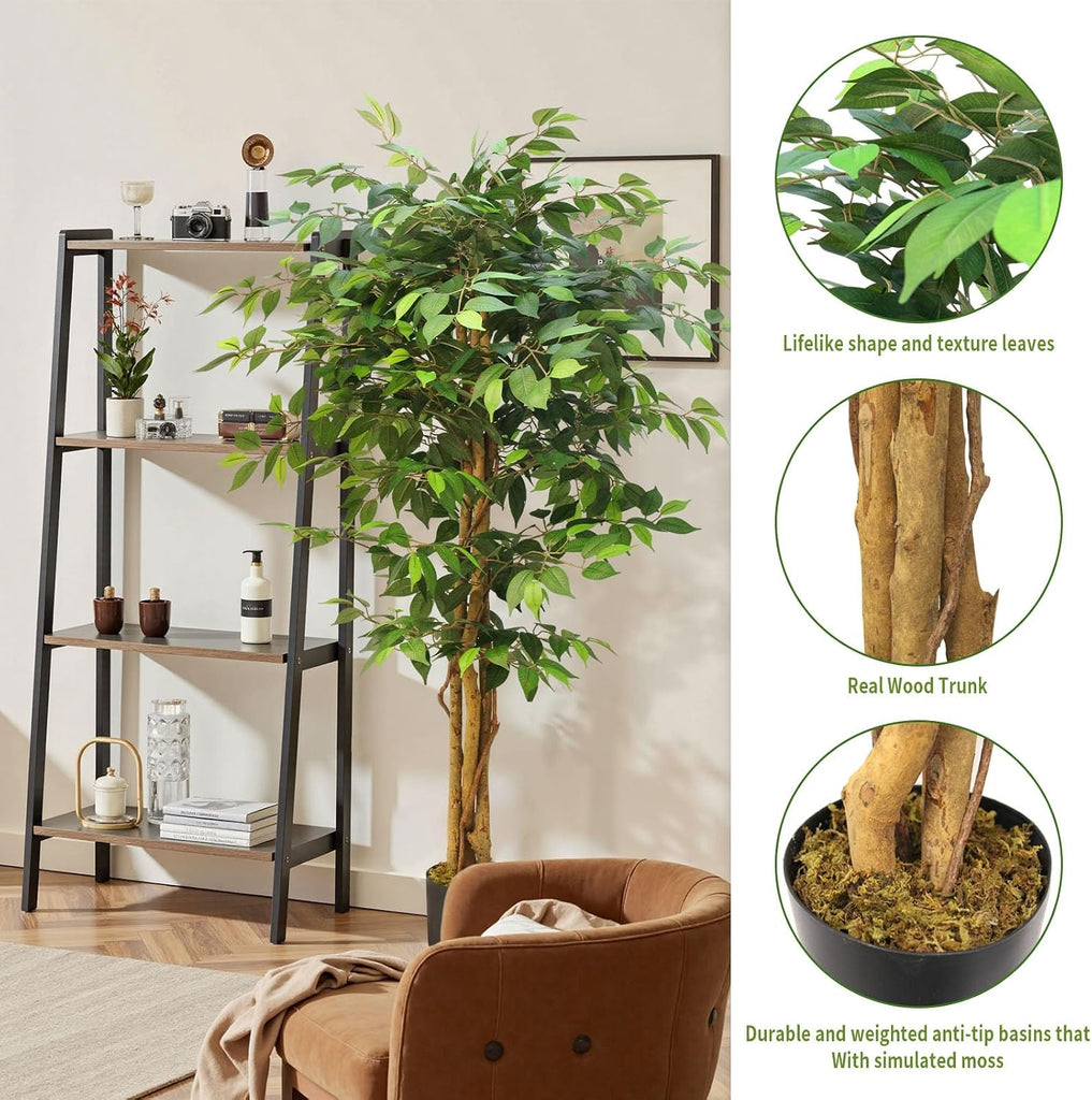 6FT Artificial Ficus Tree, Tall Realistic Faux Tree, Large Fake Potted Greenery Low-Maintenance Decor Porch, Plantas