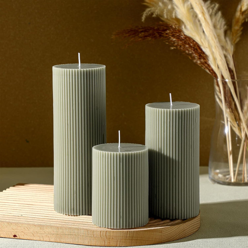 Ribbed Pillar Candles, Width 3" High 4" 6" 8", Bean Green - Set of 3