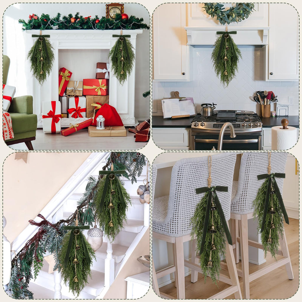 2 Pack Christmas Cedar Teardrop Swag Velvet Bow Bells, Green