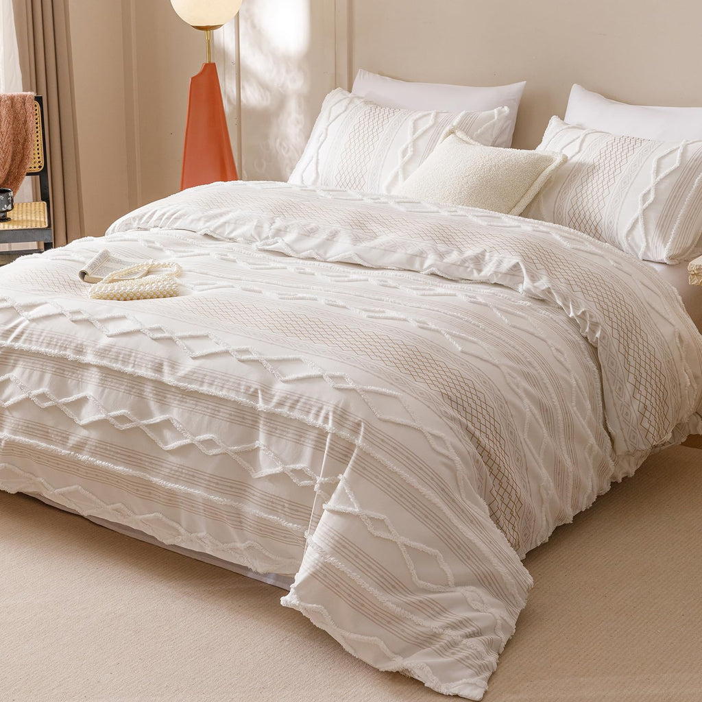 Ivory Boho Comforter Set Full Mixed Textures Jacquard Bedding Set Durable Chic and Stylish Bedroom Set