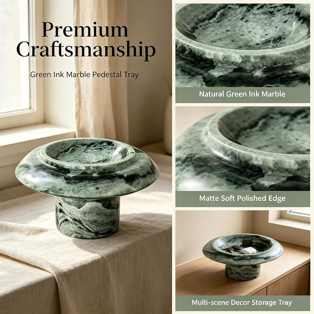 Green Natural Marble Mushroom Pedestal Tray 6.69" x 6.69" x 3.94", Decorative Footed Stone Bowl, Catchall Tray for
