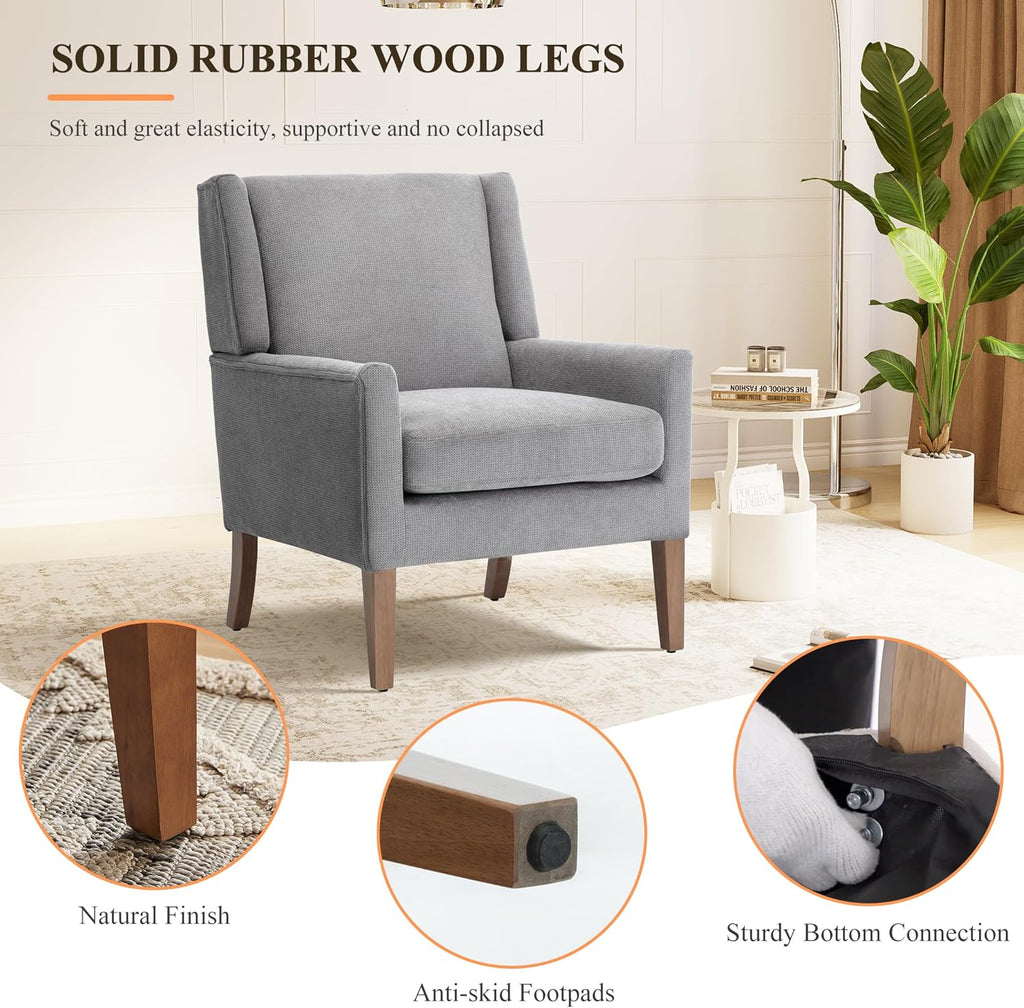 Living Room Chair, Wingback Mid-Century Accent Chair - Comfy Single Sofa with Solid Wood Legs & Velvet-Like Fabric