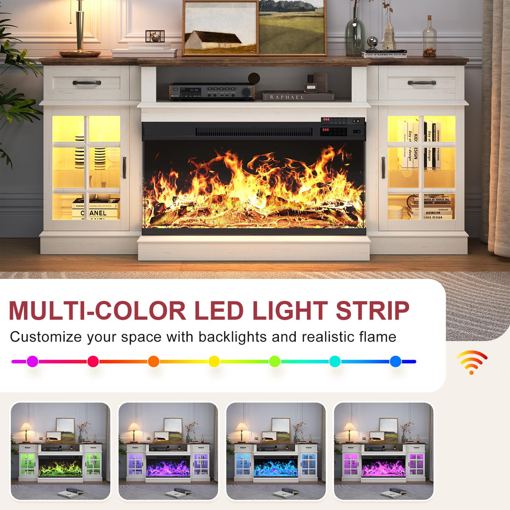 70" with 3-Sided Glass Fireplace, Modern Wood Entertainment Center with LED Lights and Glass Door, 36" Fire Place TV
