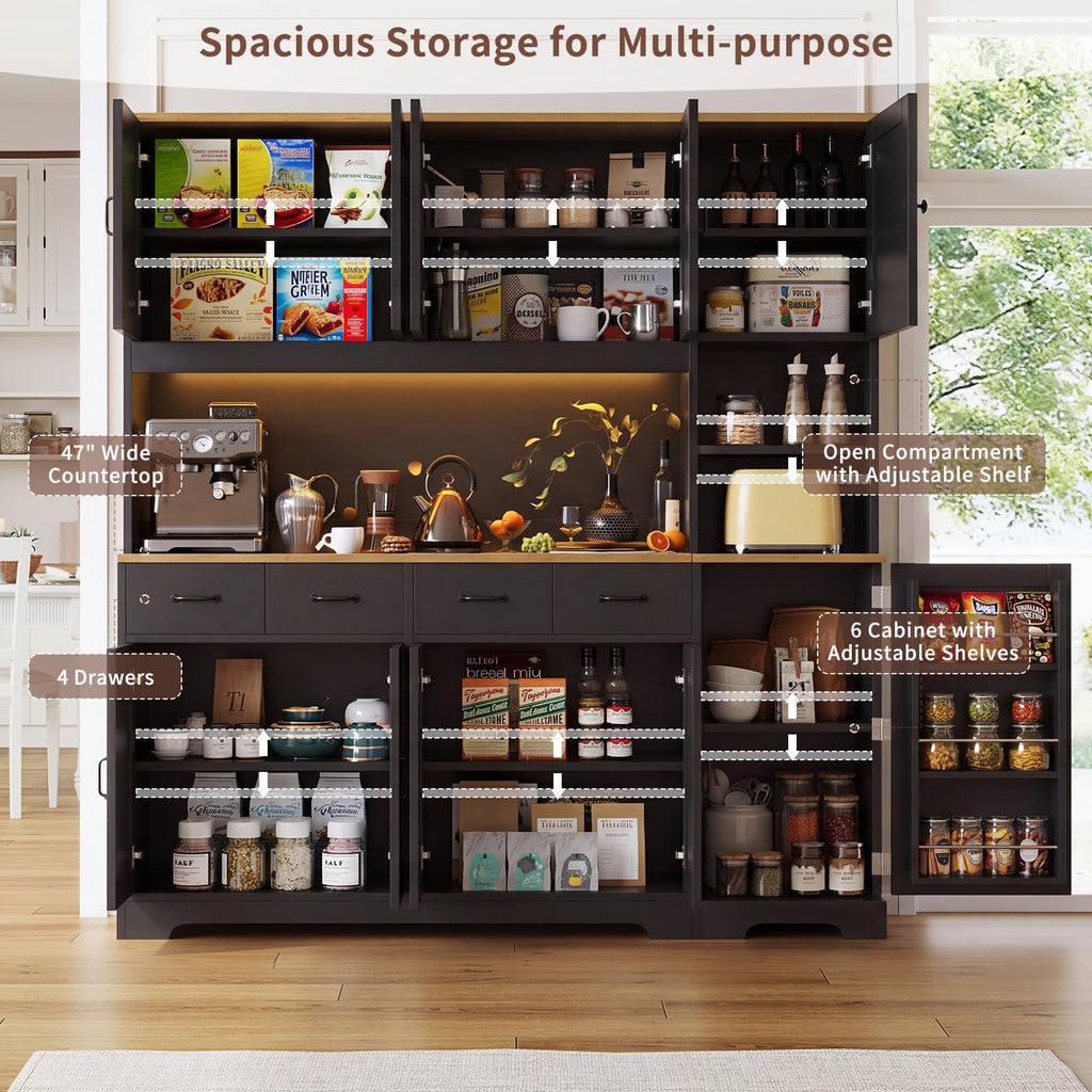 71" Tall Kitchen Pantry with LED Lights & Charging Station, Farmhouse Storage Cabinet with 4 Drawers & 6 Cabinets