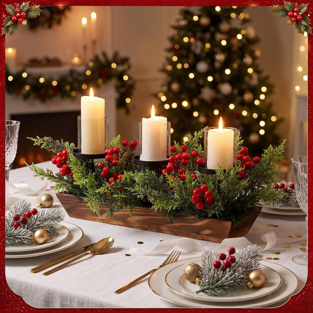 3 Pillar Christmas Candle Holder Centerpiece Norfolk Pine Decor