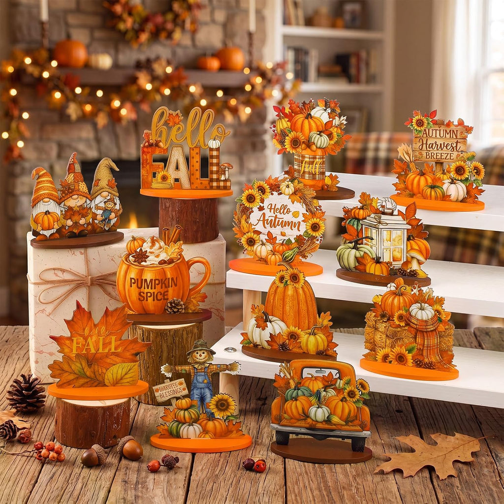 Fall Thanksgiving Table Decorations, Wooden Autumn Harvest Centerpiece, Pumpkin Gnome Scarecrow Table Topper - Set of 12