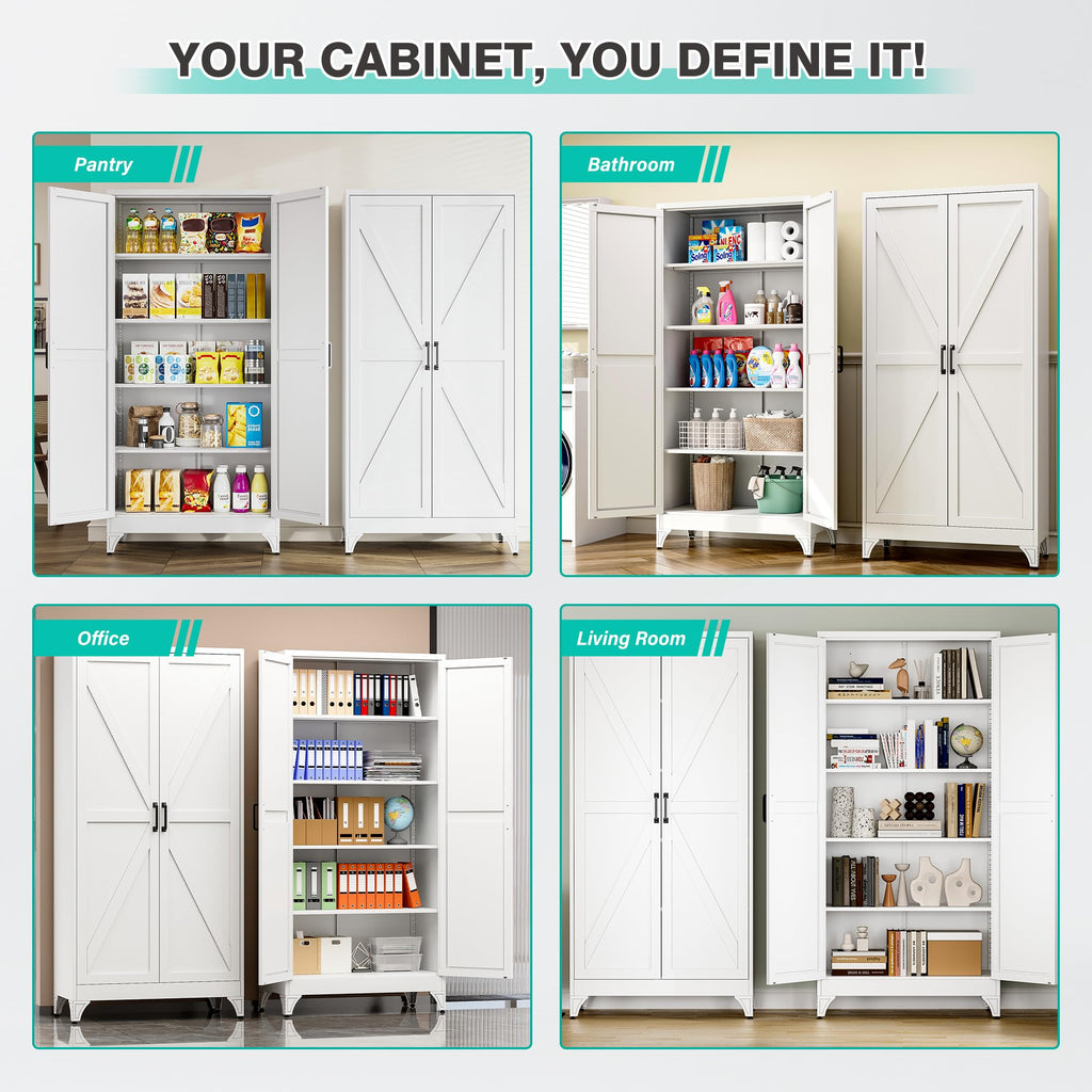 75" Tall Pantry Cabinet, Wide & Deep Farmhouse Kitchen Pantry Storage Cabinets with 2 Doors and 5 Shelves, White Metal