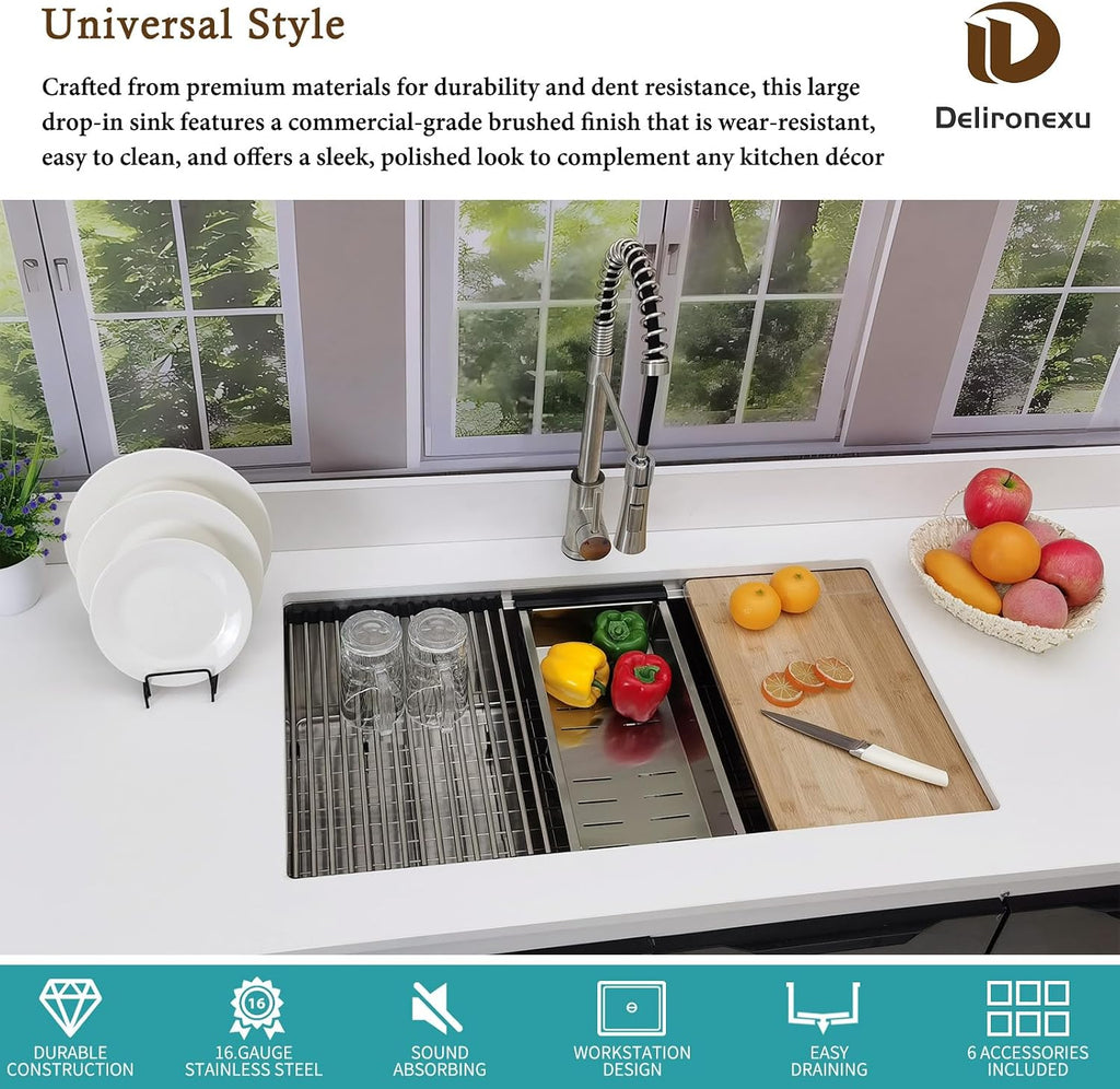 33x19 Undermount Kitchen Sink, 33 Inch Kitchen Sink Workstation, 16 Gauge 304 Stainless Steel Undermount Kitchen Sink