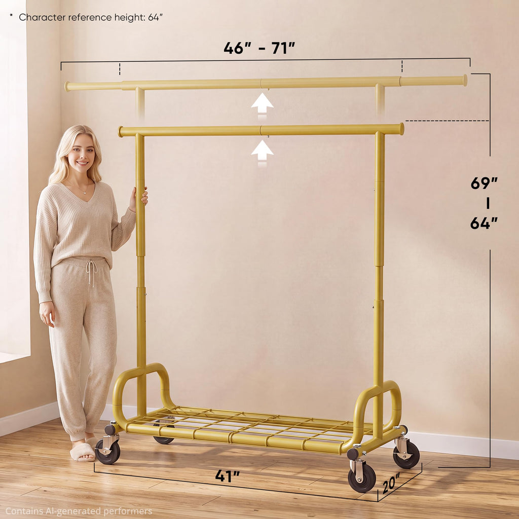 Clothes Rack 450LBS Adjustable Garment Rack with Wheels, Gold