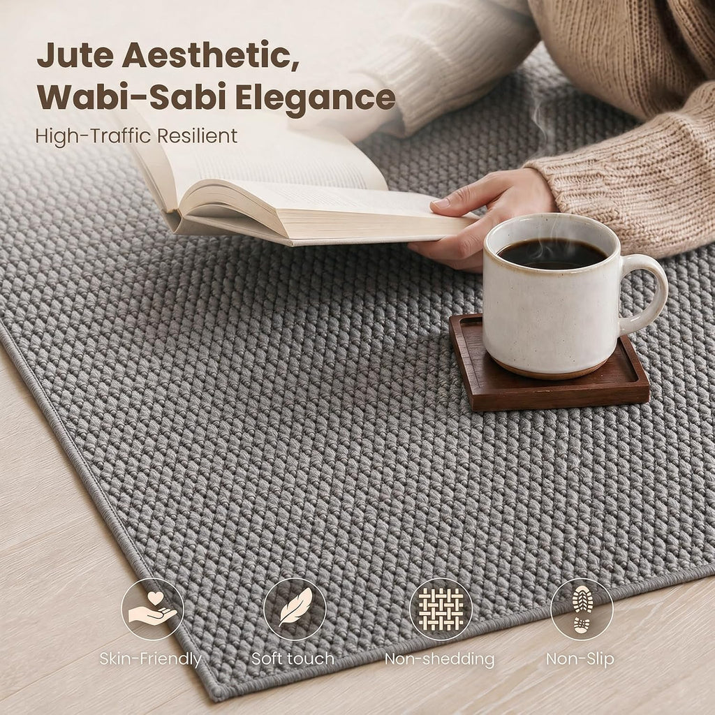 Washable Easy Jute Rug 8x10, Non Slip, Indoor Outdoor Natural Color Fiber Large Area Rugs , Boho Woven Design
