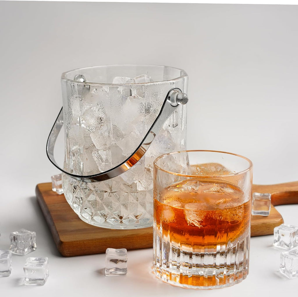 Crystal Ice Bucket 37oz Small Glass Ice Bucket with Tongs Handle 4.7in