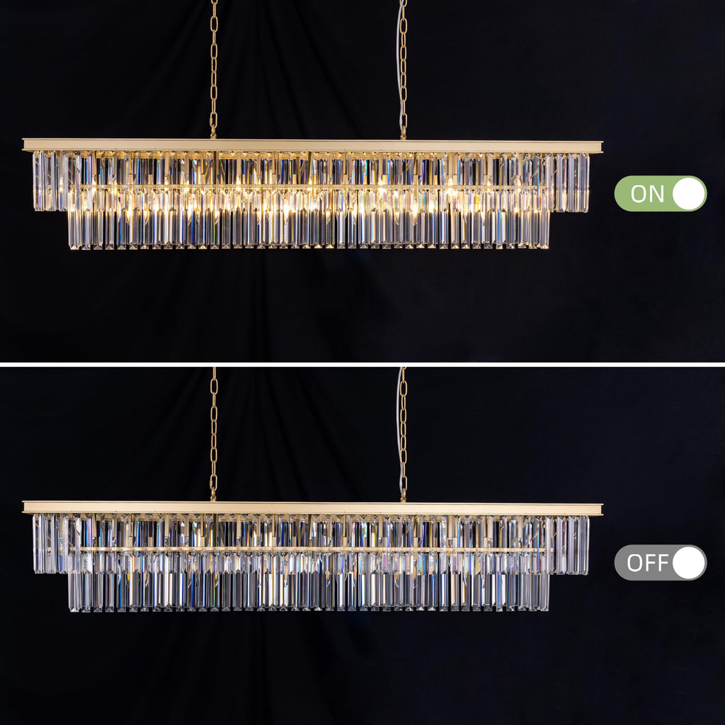 Gold Chandelier 57 inch, 13-Light Modern Rectangular Crystal Chandelier Ceiling Hanging, Linear Chandeliers Light