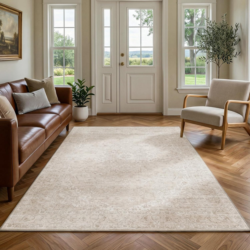 3x5 Washable Area Rug Beige Vintage Neutral Distressed Non Slip Low Pile Floral Retro Indoor Carpet 