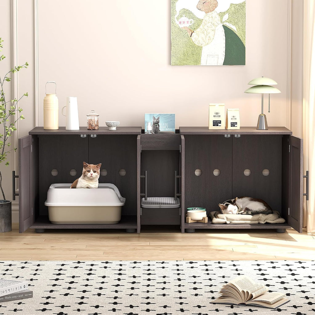 Cat Litter Box Enclosure with Double Room, Walnut