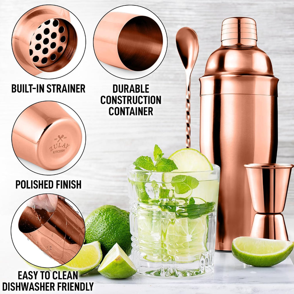 Zulay Cocktail Shaker Set - Stainless Steel Mixed Drink Shaker - Martini Shaker Set with Build in Strainer, Double - Set of 3