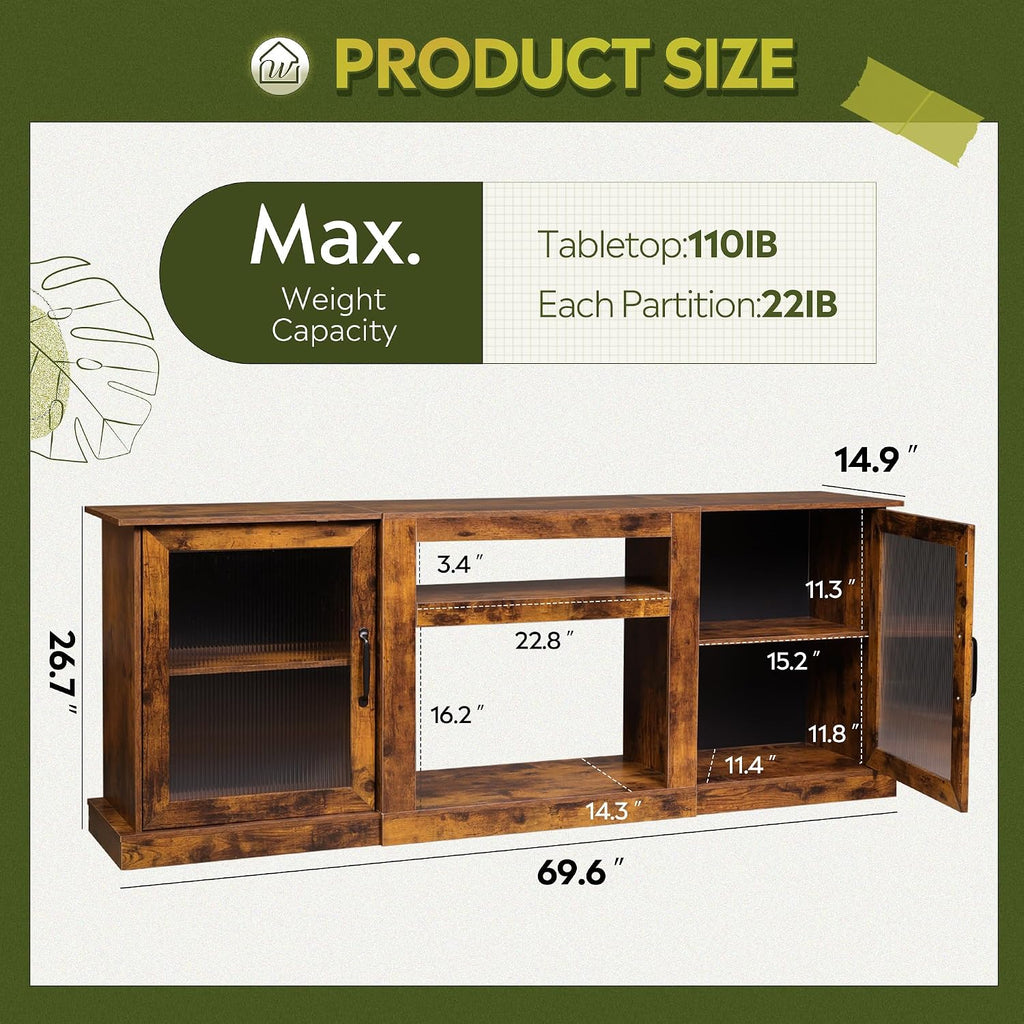 Farmhouse TV Stand for 75 inch TV, Entertainment Center with Storage Cabinets, Mid Century Modern TV Console for