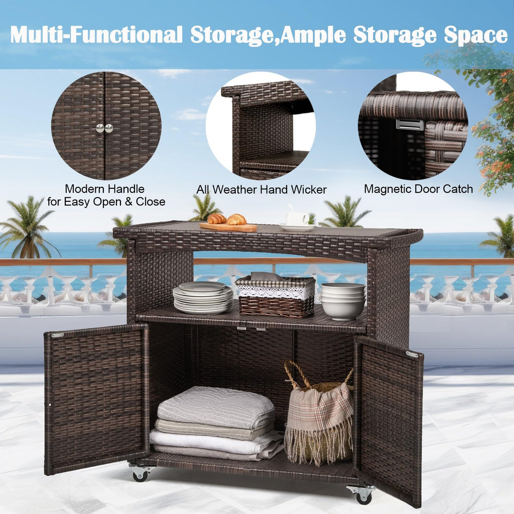 Outdoor Bar Cart with Storage Cabinet Patio Wicker Sideboard Buffet Cabinet Prep Table Outside Kitchen Serving Cart