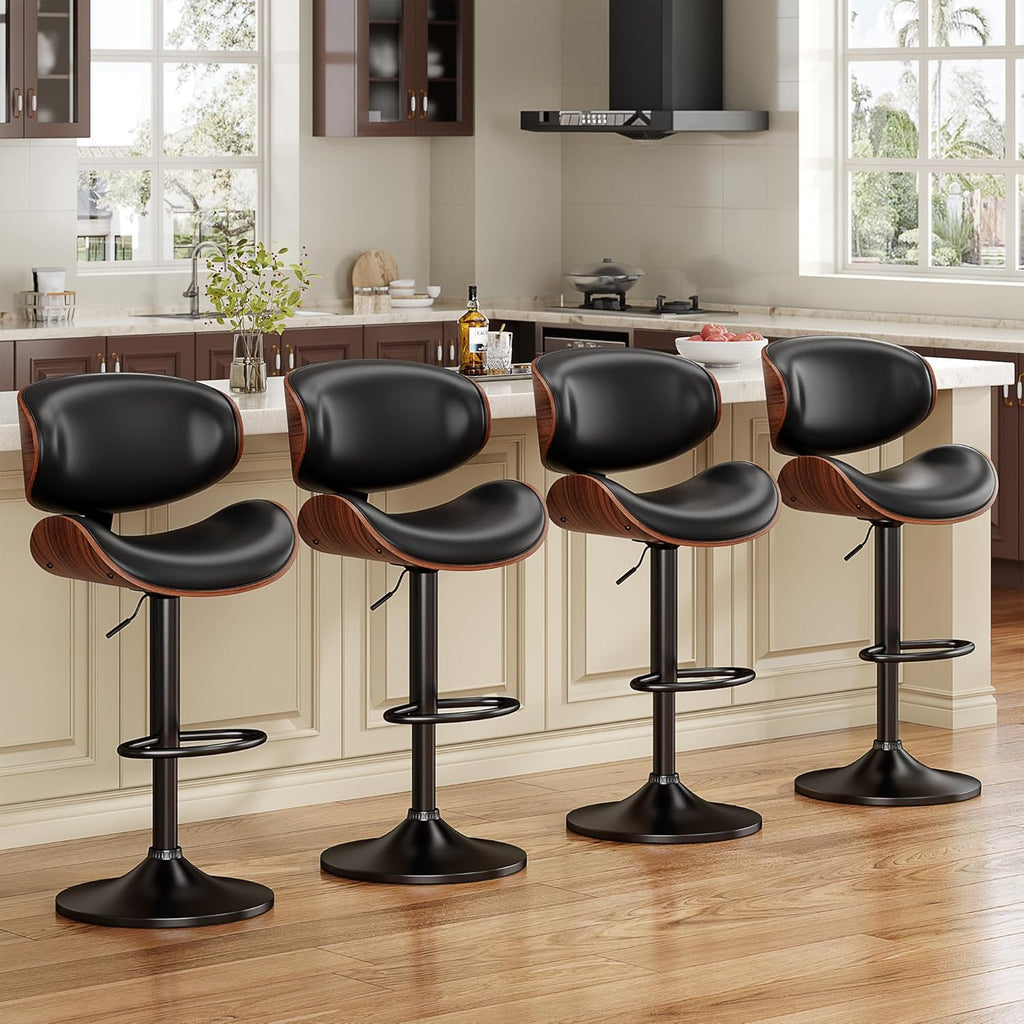 Swivel Bar Stools Set of 2 Counter, Adjustable Bentwood Barstools, Modern PU Leather Upholstered Bar Chair with Back