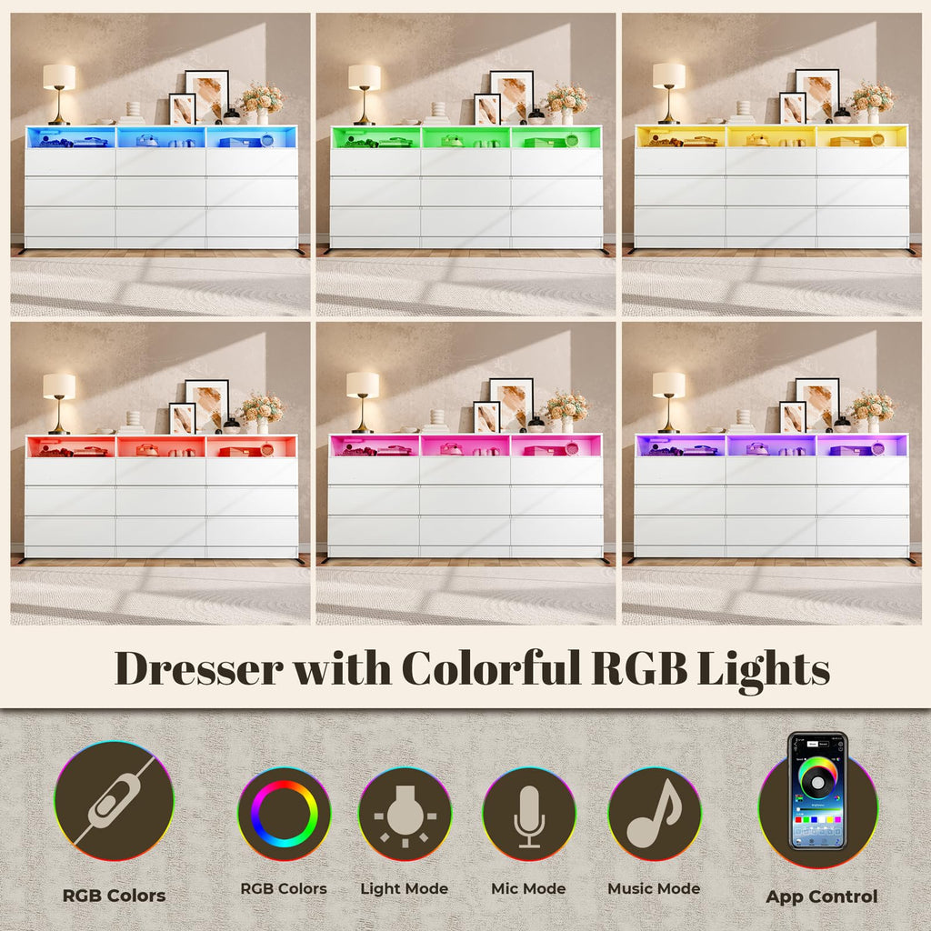 9 Drawer Dresser with Power Outlet and LED Light