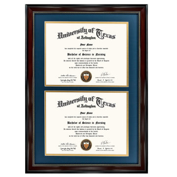 14x20 Double Diploma Frame, Display 8.5x11 Certificate with Navy over Gold Mat, Tempered Glass, Mahogany with Gold Beads