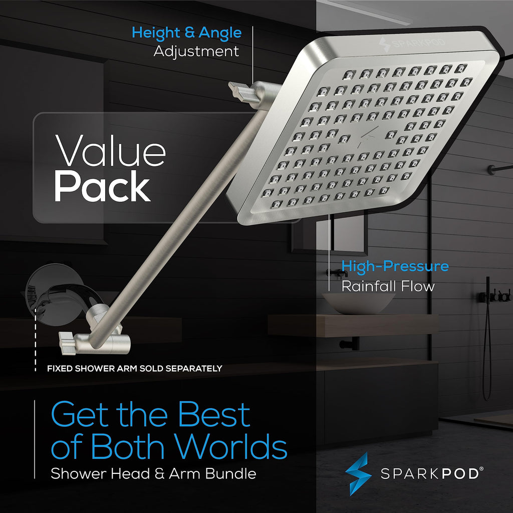Square Rain Shower Head with Extension Arm - Height Adjustable Shower Head with High Pressure Performance - Easy