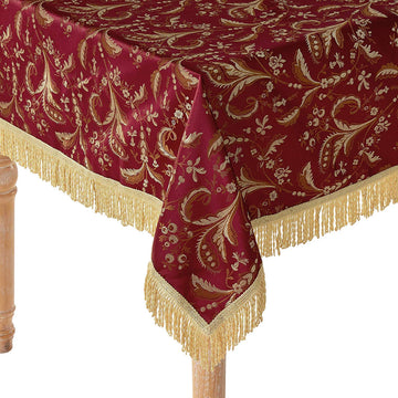 Luxury Damask Floral Design, Polyester Jacquard, with Fringes, Burgundy, 52 Inch by 70 Inch, Seats 4 to 6 people