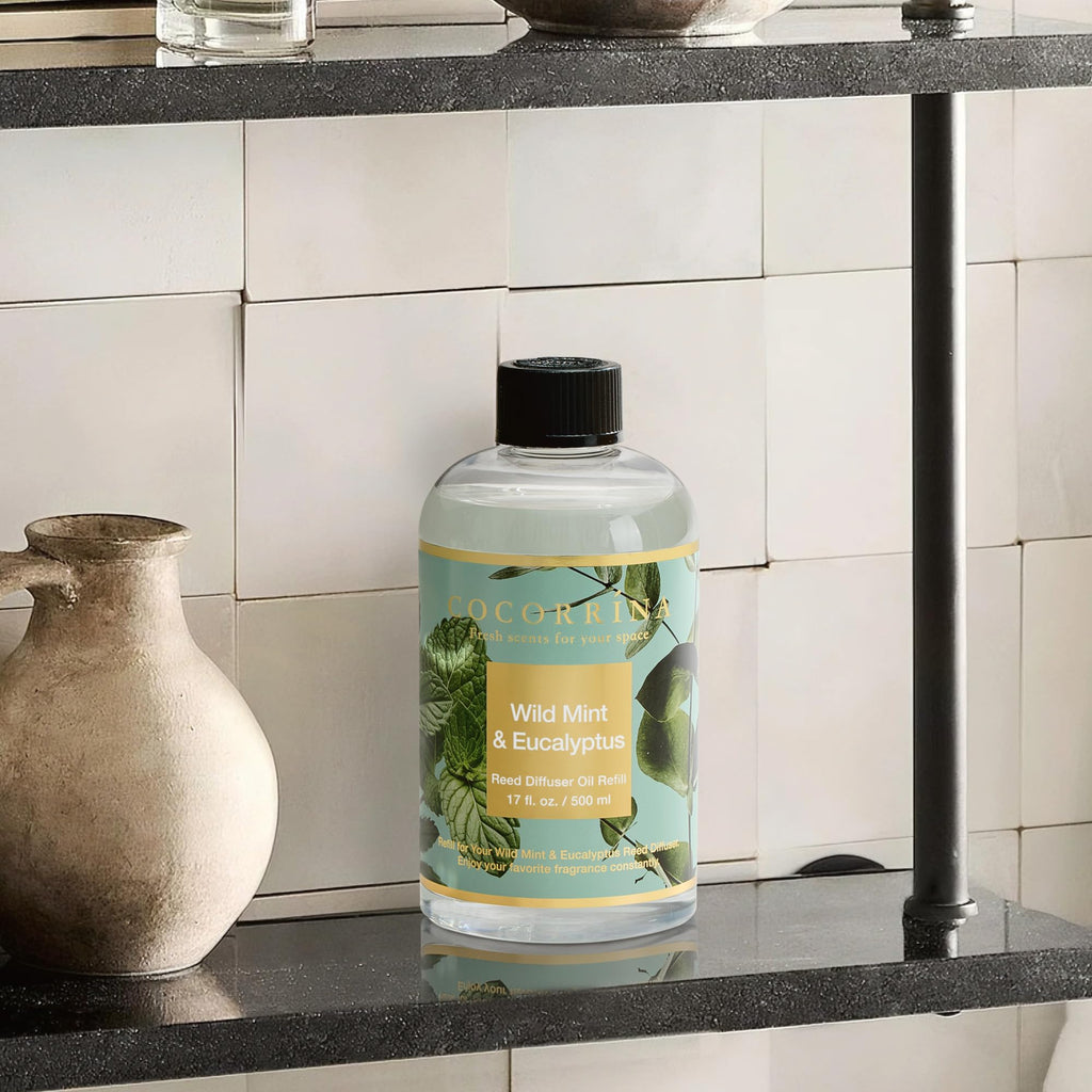 Reed Diffuser Refill Wild Mint & Eucalyptus 17oz (500ml) with 8 Sticks - Premium Long-Lasting Scented Oil, Home