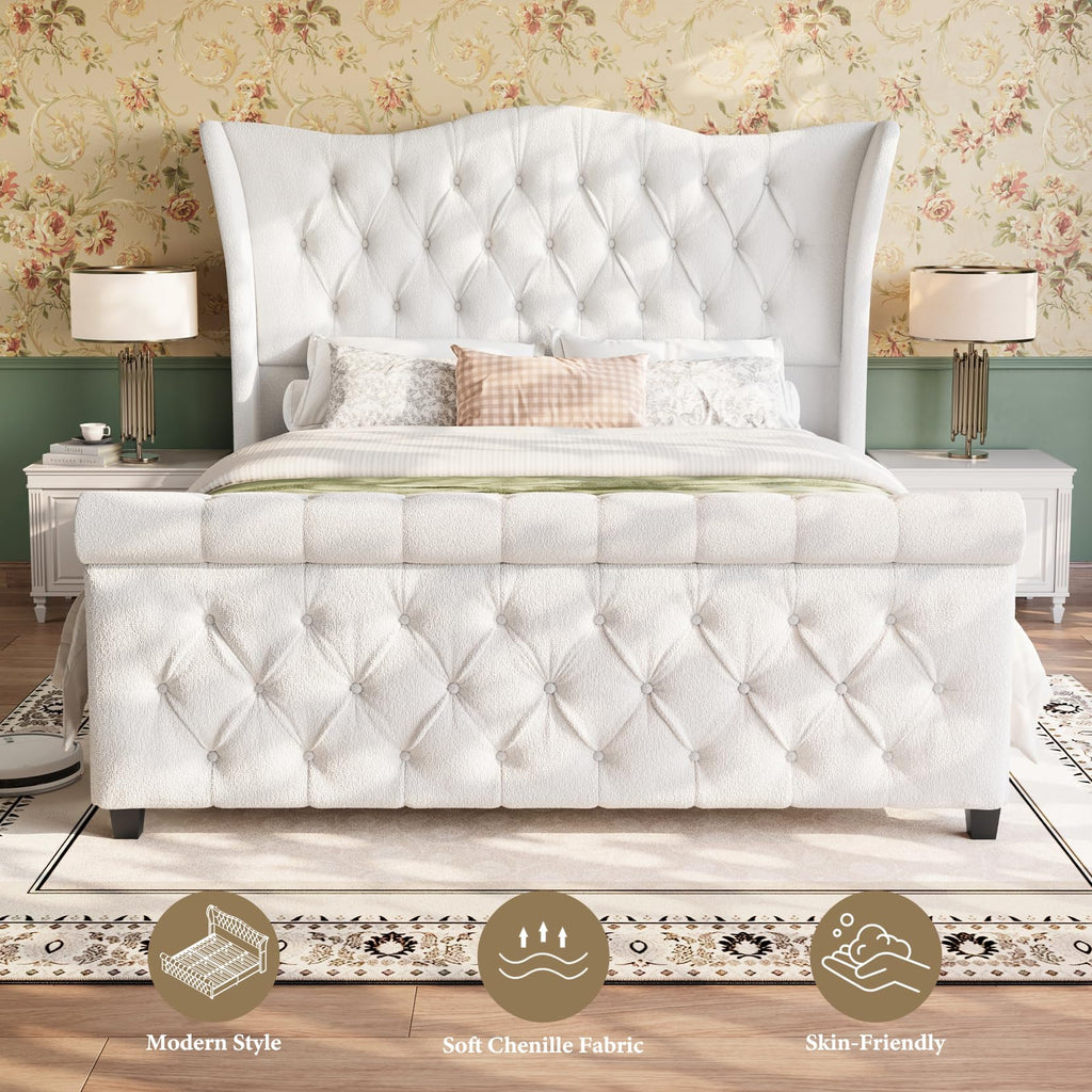 Bed Frame Upholstered Wingback Headboard Sleigh Footboard