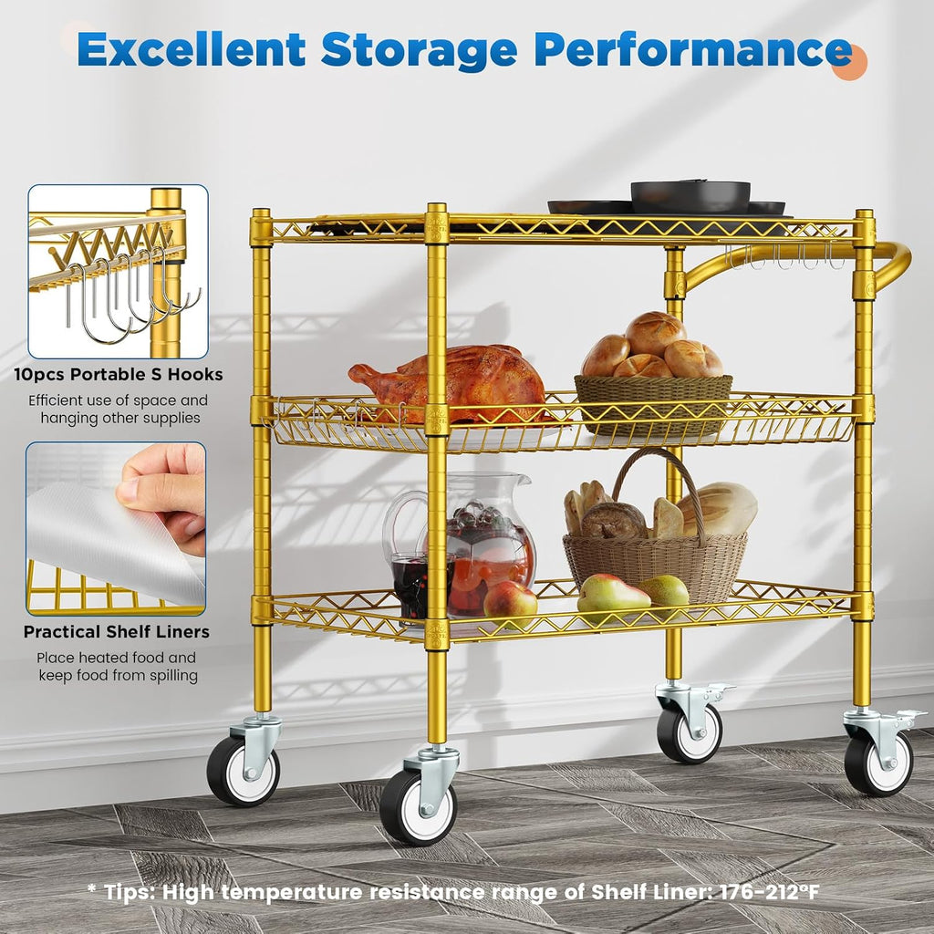 3 Tier Rolling Carts with Wheels, Heavy Duty Rolling Utility Cart | NSF Commercial Grade Metal Cart with Handle&Shelf