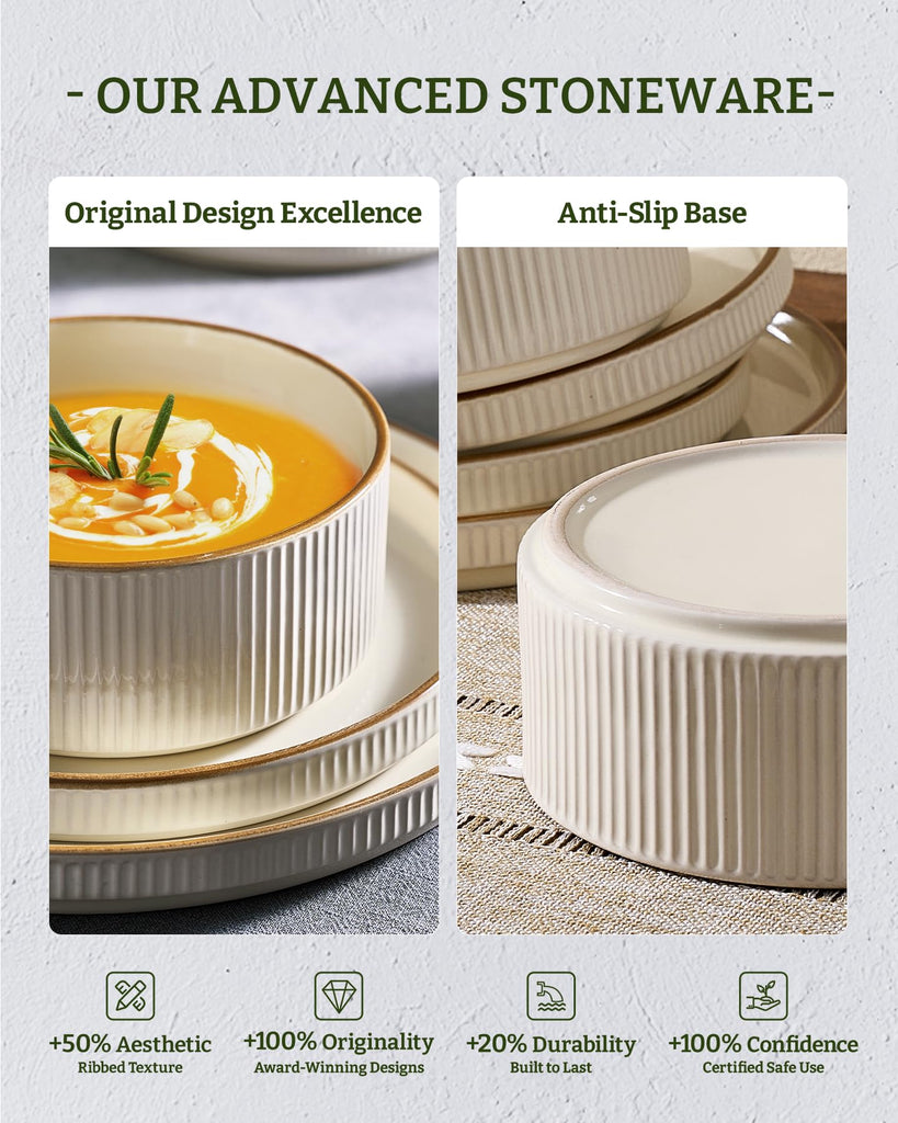 Plates and Bowls Set with Rim, Stoneware Dinnerware Sets for 4
