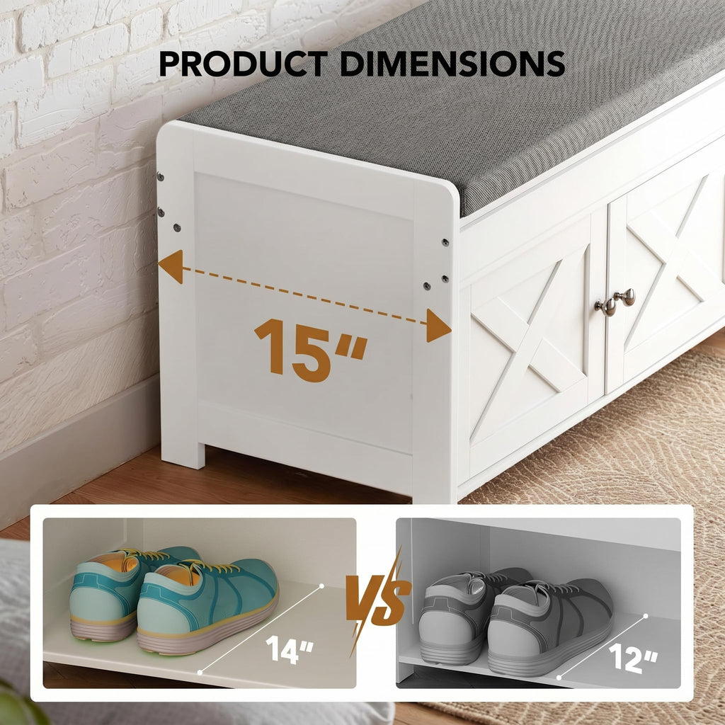 Shoe Storage Bench with Seating, Farmhouse Entryway Bench, White