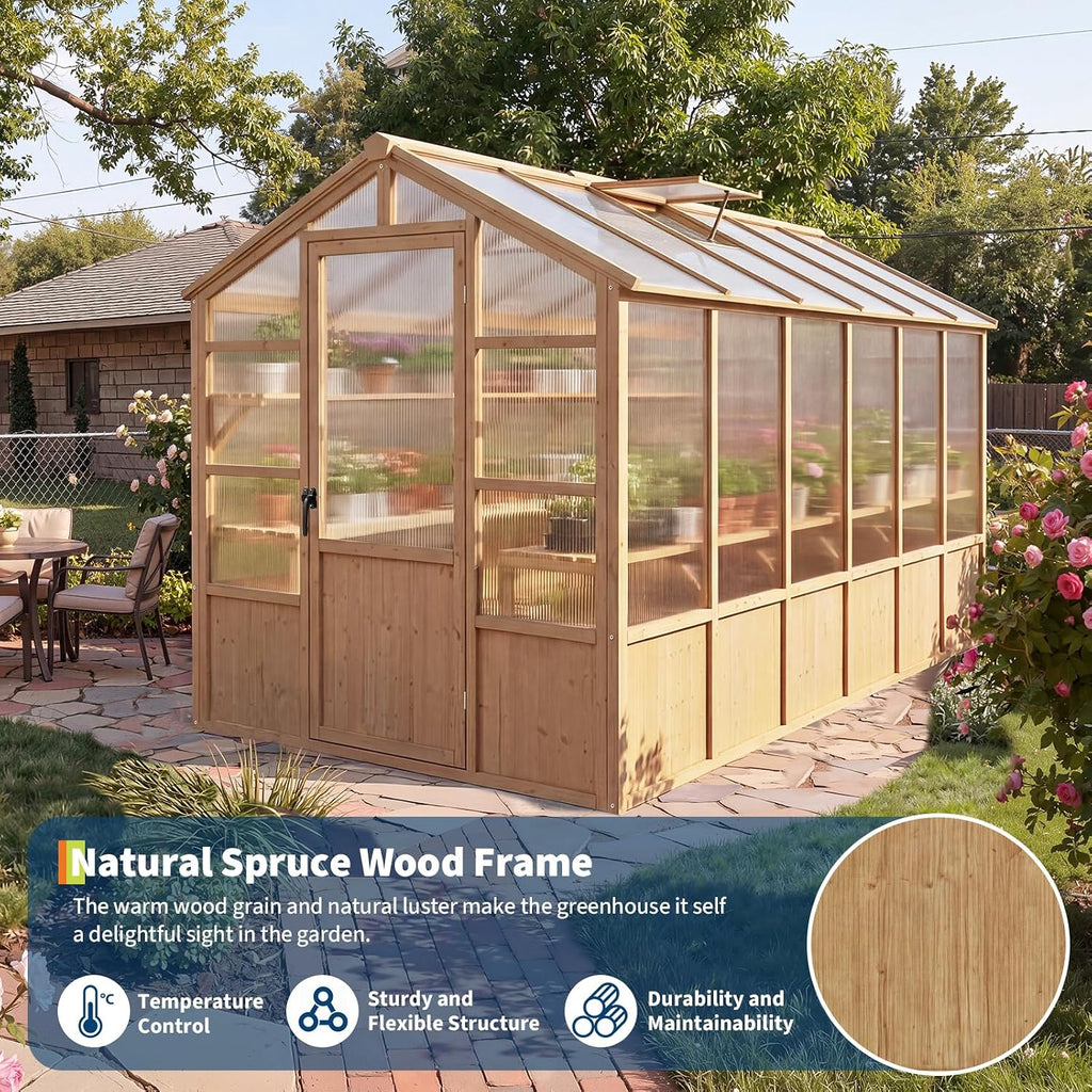 Large Wood Frame Greenhouse for Outdoor - Wooden Walk-in Greenhouse Kit with Polycarbonate Panels, Ventilated Window