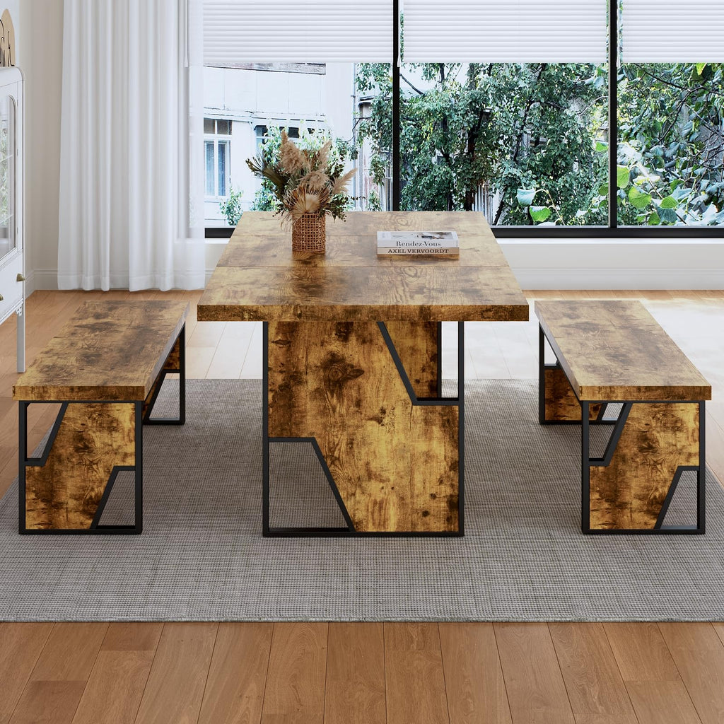 70.8" Wooden Dining Table with 2 Benches Kitchen Table and Chairs