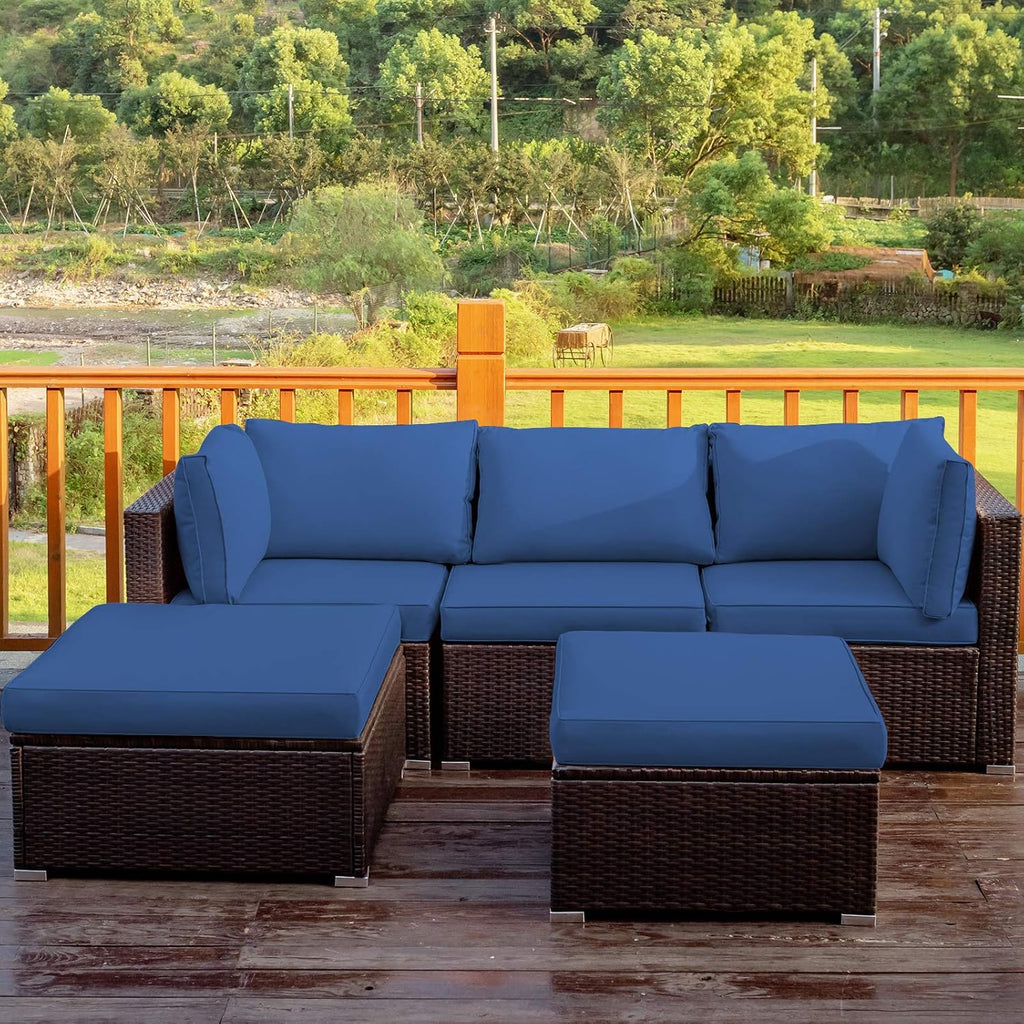 5 Piece Outdoor Patio Furniture Set, Wicker Sectional Rattan Sofa with Cushions, Ottomans and Coffee Table - Navy Blue