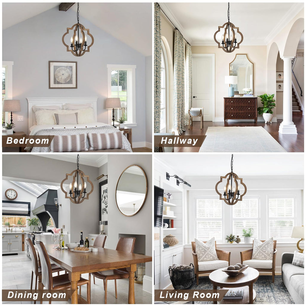 Farmhouse Chandelier Light Fixtures, 4-Light Dining Room Light Fixtures Over Table, Solid Wood Chandeliers, 15.7"