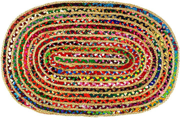 Jute Chindi Braid Rag Rug - 5x8 Ft Oval Multi Color Area Rug | Handwoven Reversible Jute & Natural Recycled Cotton