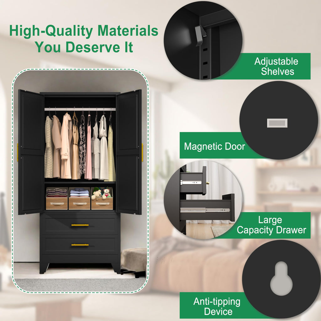 71" Metal Armoire Wardrobe Closet, Tall Clothing Storage Cabinet, Black
