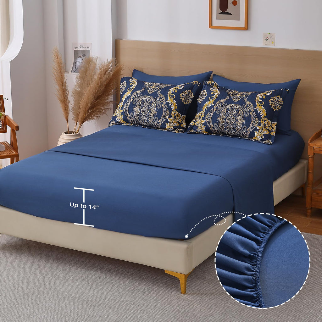 Blue Gold Comforter Set King Size, Damask Texture 7 Pieces Bed in a Bag Microfiber Comforter Bedding Sets -1