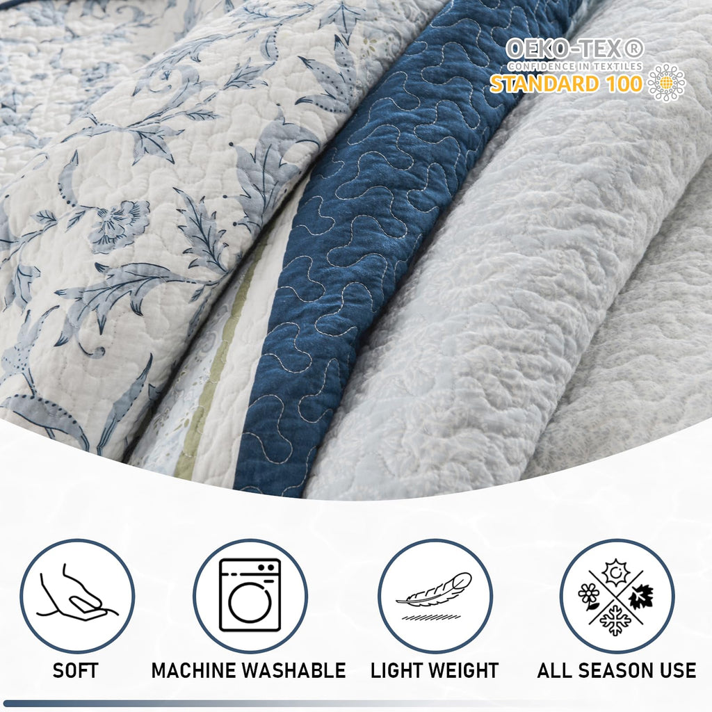 100% Cotton Quilt Set, Cottage Botanical Floral, Navy/White