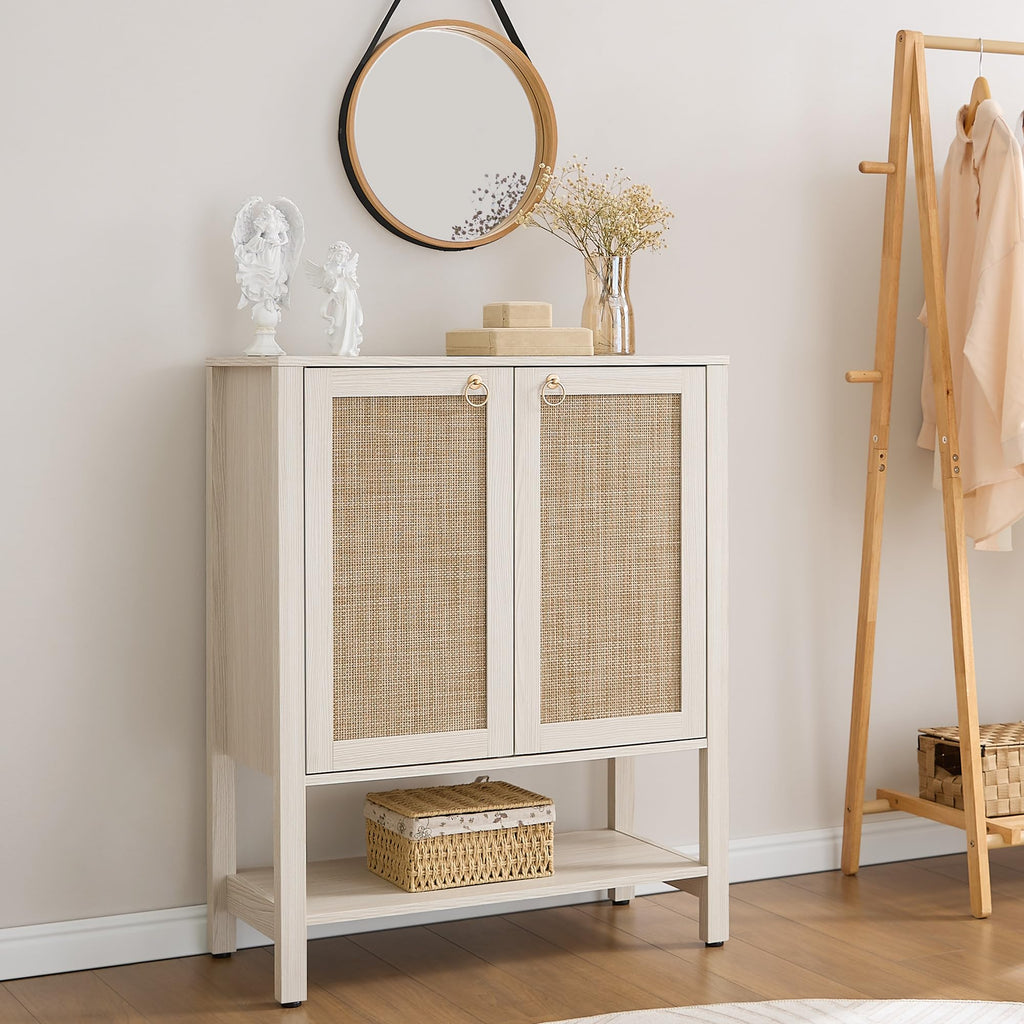 Rattan Shoe Cabinet with Storage, 5 Tier, White Cream Oak